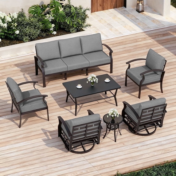 ALAULM 7-Seat Aluminum Patio Furniture Set, Outdoor Patio Conversation Set with Rectangular Metal Coffee Tables and 5.1" Cushions for Patio Backyard Poolside,Grey