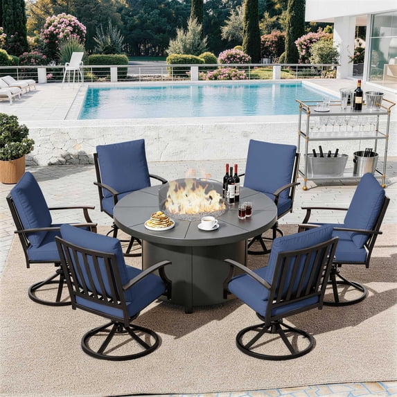 ALAULM 7PCS Metal Outdoor Patio Furniture Set with 48"/55000 BTU Round Fire Pit Table,Outdoor Dining Table Set 6 Swivel Chairs No-Slip Cushions,Navy Blue