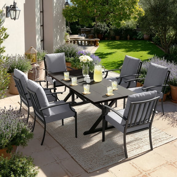 ALAULM 7PCS Patio Dining Set,Outdoor Metal Patio Furniture Set w/6 Fixed Chairs & Large Metal Table w/Umbrella Cutout for Garden,Backyard,Grey