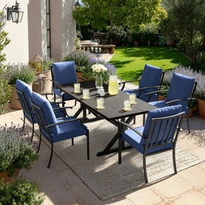 ALAULM 7PCS Patio Dining Set,Outdoor Metal Patio Furniture Set w/6 Fixed Chairs & Large Metal Table w/Umbrella Cutout for Garden,Backyard,Navy Blue