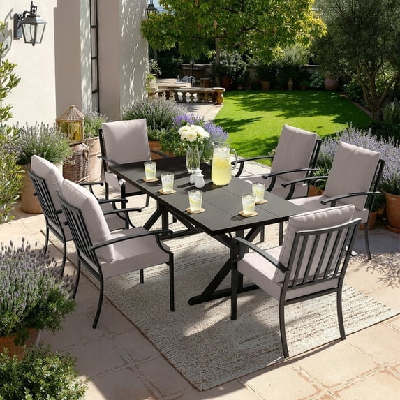 ALAULM 7PCS Patio Dining Set,Outdoor Metal Patio Furniture Set w/6 Fixed Chairs & Large Metal Table w/Umbrella Cutout for Garden,Backyard,Sand
