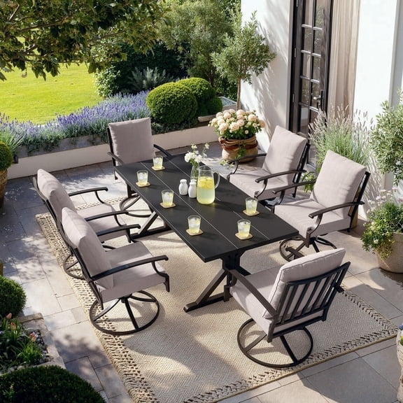 ALAULM 7PCS Patio Dining Set,Outdoor Metal Patio Furniture Set w/6 Swivel Rocking Chairs & Large Metal Table w/Umbrella Cutout for Garden,Backyard,Sand