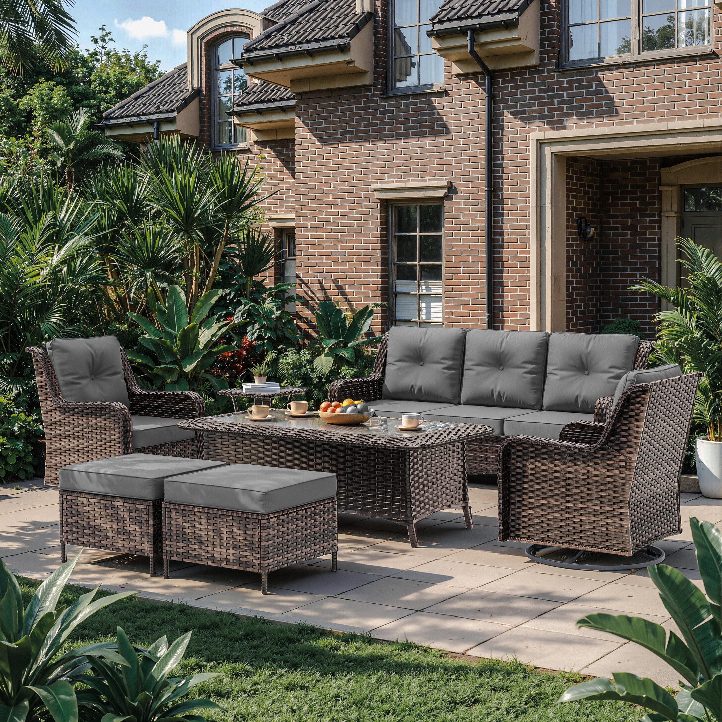 ALAULM 7PCS Rattan Patio Furniture Set, Wicker Outdoor Sofa Set w/2 Swivel Rocking Chairs, 2 coffee tables of different sizes, 2 Ottomans, Gray
