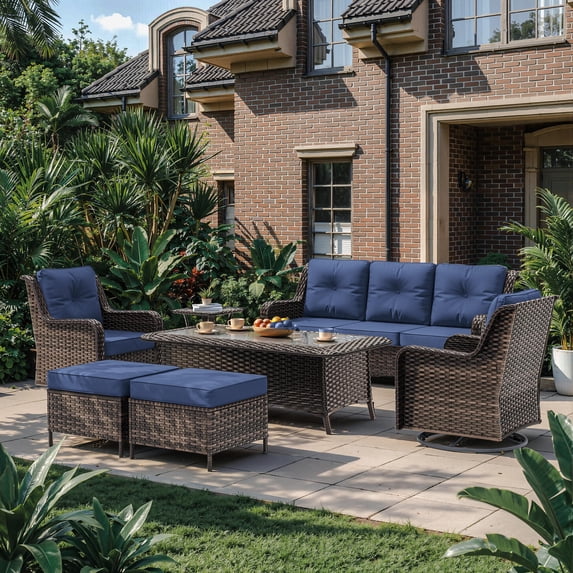 ALAULM 7PCS Rattan Patio Furniture Set, Wicker Outdoor Sofa Set w/2 Swivel Rocking Chairs, 2 coffee tables of different sizes, 2 Ottomans, Navy