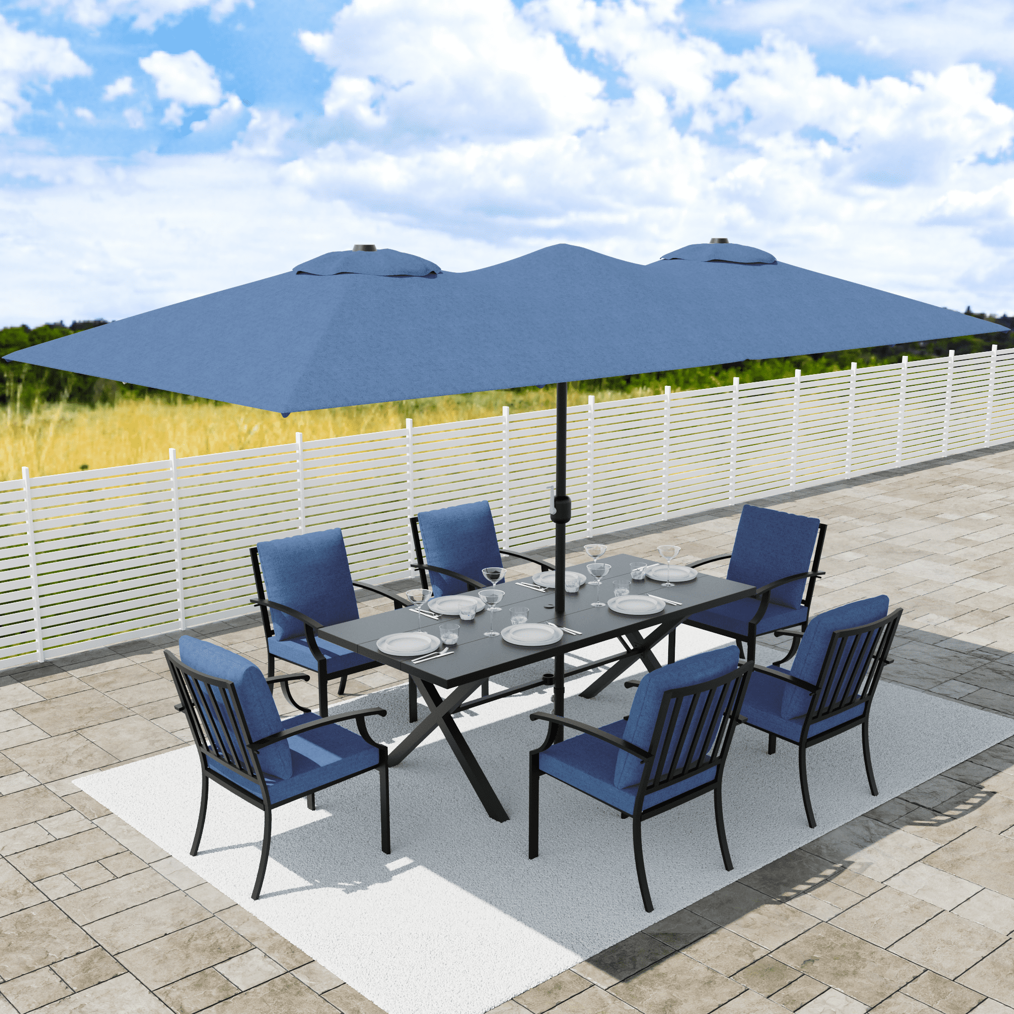 ALAULM 8 Piece Patio Dining Set w/14FT Umbrella, Metal Outdoor Furniture Set w/Rectangular table, 6 Fixed Chairs and Removable Cushions for Patio, Backyard, Garden, Poolside（Navy Blue）