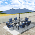 thumbnail image 1 of ALAULM 8 Piece Patio Dining Set w/14FT Umbrella, Metal Outdoor Furniture Set w/Rectangular table, 6 Fixed Chairs and Removable Cushions for Patio, Backyard, Garden, Poolside（Navy Blue）, 1 of 9