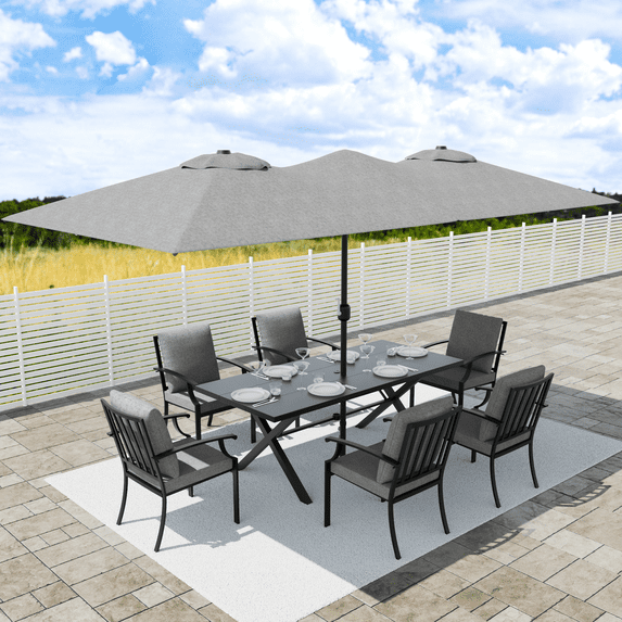 ALAULM 8 Piece Patio Dining Set w/14FT Umbrella, Metal Outdoor Furniture Set w/Rectangular table, 6 Fixed Chairs and Removable Cushions for Patio, Backyard, Garden, Poolside(Grey)