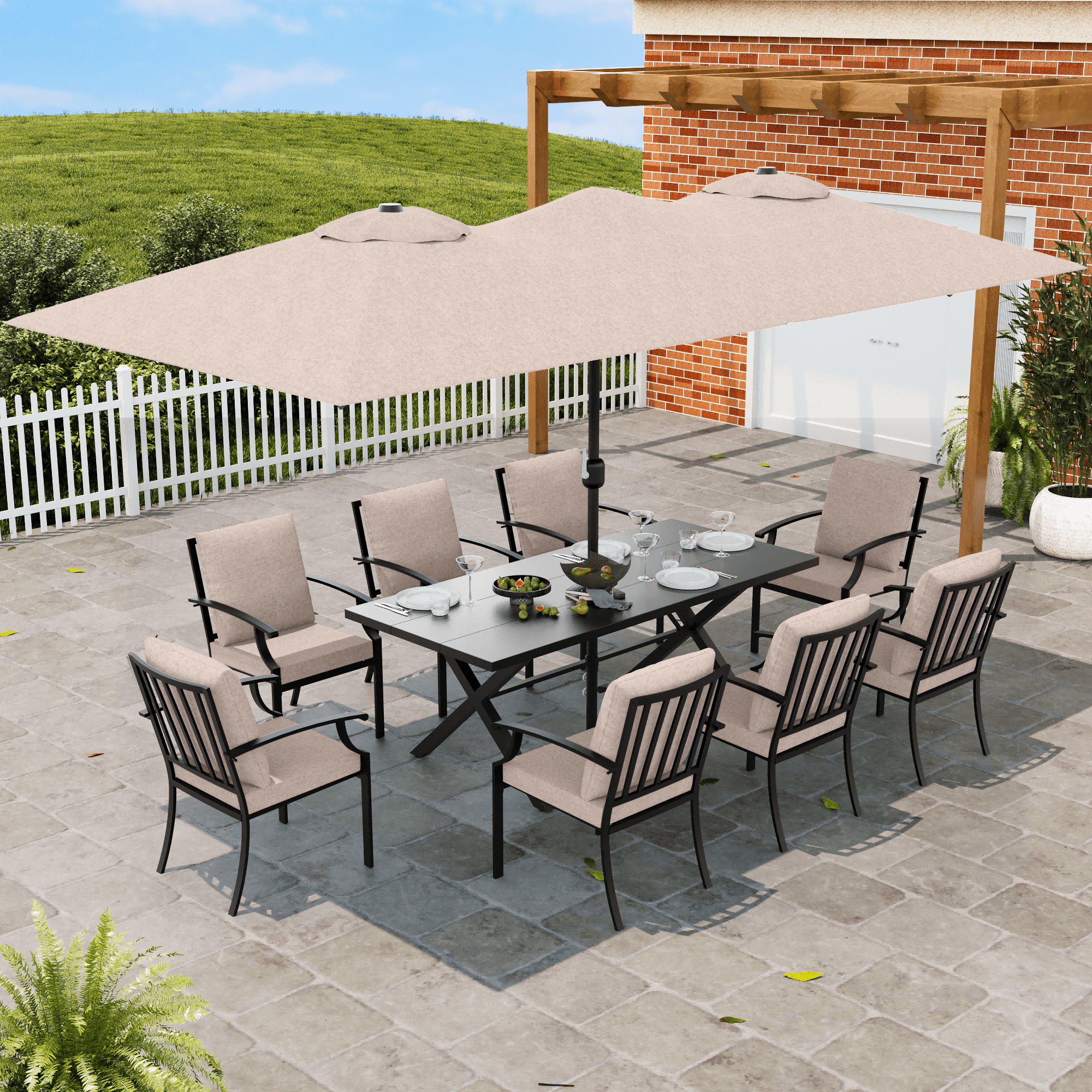 ALAULM 8 Piece Patio Dining Set w/14FT Umbrella, Metal Outdoor Furniture Set w/Rectangular table, 8 Fixed Chairs and Removable Cushions for Patio, Backyard, Garden, Poolside（Sand）