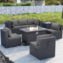 ALAULM 8 Pieces Outdoor Furniture Set with 43" Gas Propane Fire Pit Table PE Wicker Rattan Sectional Sofa Patio Conversation Sets,Gray
