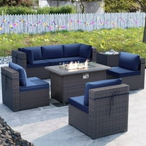 ALAULM 8 Pieces Outdoor Furniture Set with 43" Gas Propane Fire Pit Table PE Wicker Rattan Sectional Sofa Patio Conversation Sets,Navy Blue