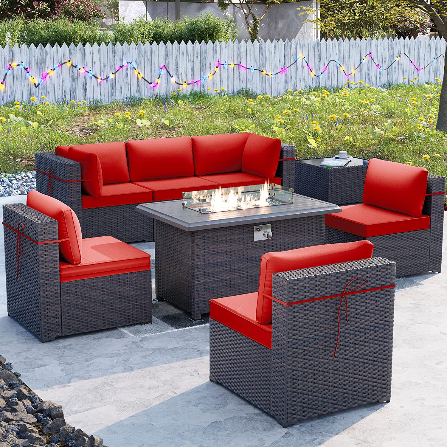 Gotland 7 Pieces Outdoor Patio Furniture Set with 43" Gas Propane Fire