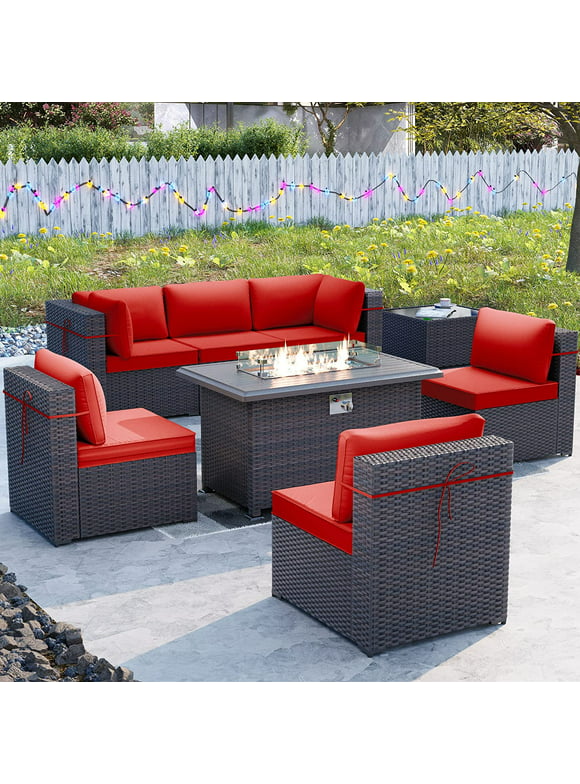 ALAULM 8 Pieces Outdoor Furniture Set with 43" Gas Propane Fire Pit Table PE Wicker Rattan Sectional Sofa Patio Conversation Sets,Red