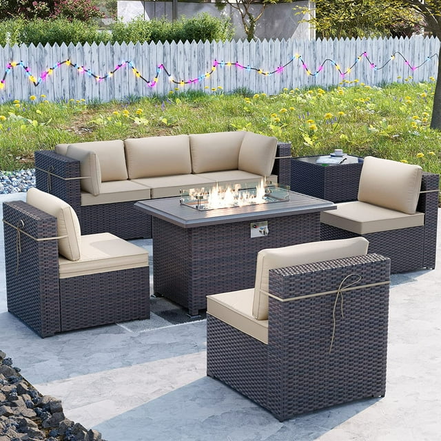 "ALAULM 8pc Outdoor Furniture Set, 43"" Propane Fire Pit, PE Rattan