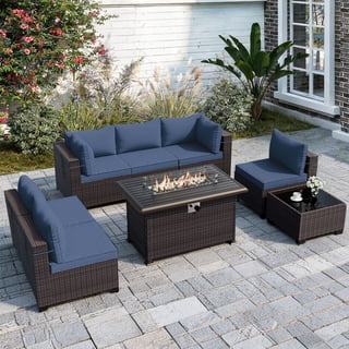 ALAULM 8 Pieces Outdoor Patio Furniture Set with Propane Fire Pit Table Outdoor Sectional Sofa Sets Patio Furniture 43" Gas Fire Pit Brown PE Rattan Patio Conversation Set w/6 Cushions, Navy Blue