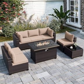 ALAULM 8 Pieces Outdoor Patio Furniture Set with Propane Fire Pit Table Outdoor Sectional Sofa Sets Patio Furniture 43" Gas Fire Pit Brown PE Rattan Patio Conversation Set w/6 Cushions, Sand