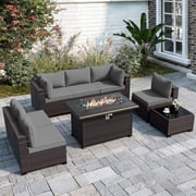 ALAULM 8 Pieces Outdoor Patio Furniture Set with Propane Fire Pit Table Outdoor Sectional Sofa Sets Patio Furniture 43" Gas Fire Pit Brown PE Rattan Patio Conve