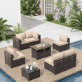 thumbnail image 1 of ALAULM 8 Pieces Outdoor Patio Furniture Set with Propane Fire Pit Table Outdoor Sectional Sofa Sets Patio Furniture 43" Gas Fire Pit Brown PE Rattan Patio Conversation Set w/6 Cushions, Sand, 1 of 9