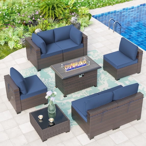 ALAULM 8 Pieces Outdoor PE Rattan Patio Conversation Furniture with 43" Gas Fire Pit Sofa Sets W/6 Cushions, Navy Blue