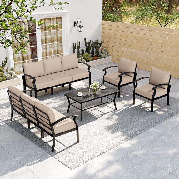 ALAULM 8-Seat Aluminum Patio Furniture Set, Outdoor Patio Conversation Set with Rectangular Metal Coffee Tables and 5.1" Cushions for Patio Backyard Poolside,Sand