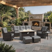 ALAULM 8PCS Patio Furniture Set, Outdoor Thick Wicker Sectional Sofas with Swivel Chair &amp; Ottoman, High Back Sectional Couch with Fire Pit Table, Outdoor Conversation Set for Backyard, Porch, Grey deal from Walmart