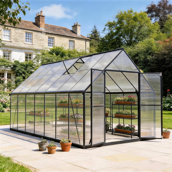 ALAULM 8x14 ft Outdoor Polycarbonate Greenhouse with Aluminium Frame, Walk-in Greenhouse with Drainage Channel, 2 Adjustable Roof Vents, Lockable Double Doors for Garden Backyard Patio Lawn