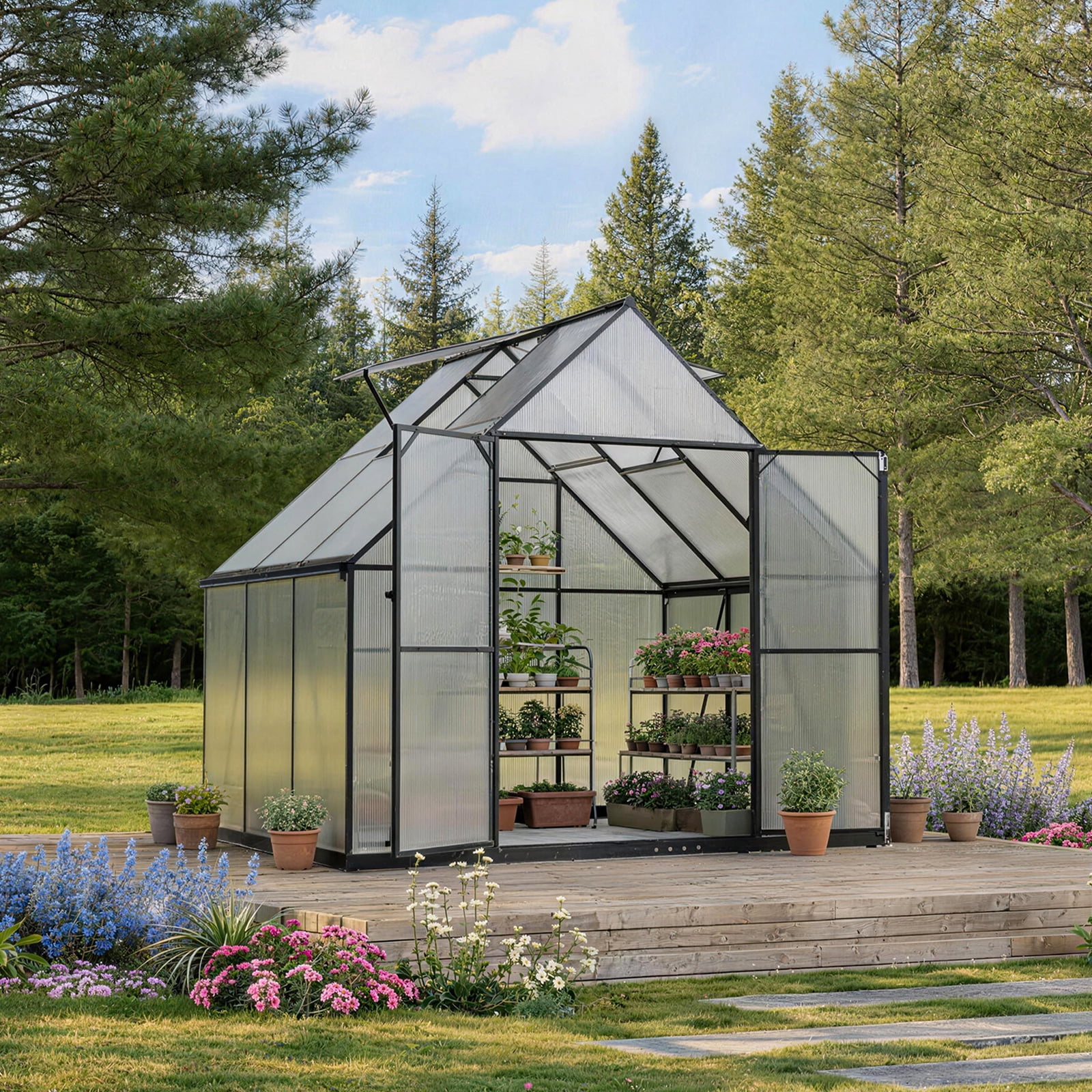 ALAULM 8x6 ft Outdoor Polycarbonate Greenhouse with Aluminium Frame, Walk-in Greenhouse with Drainage Channel, 2 Adjustable Roof Vents, Lockable Double Doors for Garden Backyard Patio Lawn