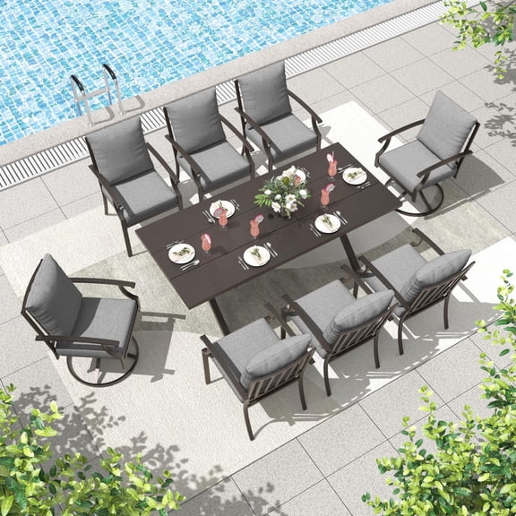ALAULM 9-Piece Outdoor Patio Dining Set with Rectangle Metal Table and 6 Dining Chairs and 2 Swivel Chairs, Gray