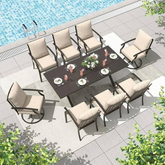ALAULM 9-Piece Outdoor Patio Dining Set with Rectangle Metal Table and 6 Dining Chairs and 2 Swivel Chairs, Sand
