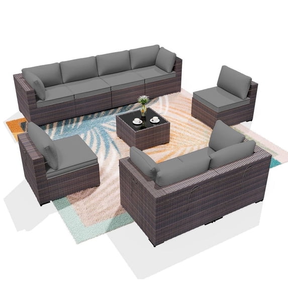 ALAULM 9 Pieces Patio Conversation Furniture Set Outdoor Sectional Sofa Sets W/Cushions Brown PE Rattan, Gray
