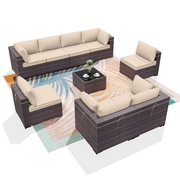 ALAULM 9 Pieces Patio Conversation Furniture Set Outdoor Sectional Sofa Sets W/Cushions Brown PE Rattan, Sand