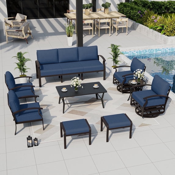 ALAULM 9-Seat Aluminum Patio Furniture Set, Outdoor Patio Conversation Set with Rectangular Metal Coffee Tables and 5.1" Cushions for Patio Backyard Poolside,Navy Blue