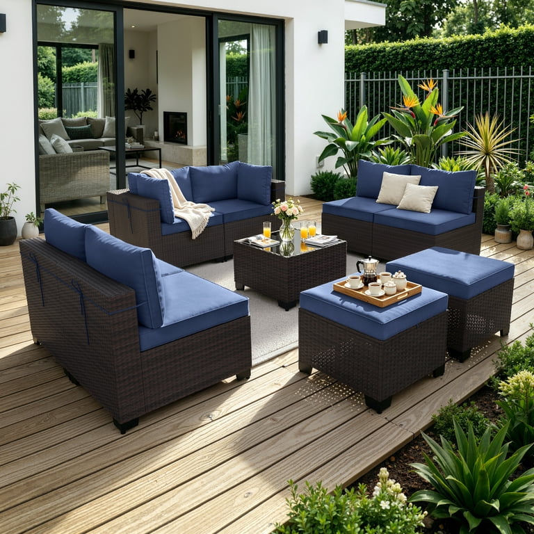 Pe Rattan ALAULM 9PCS Outdoor Conversation Set, Thick Backrest Patio PE Rattan ...