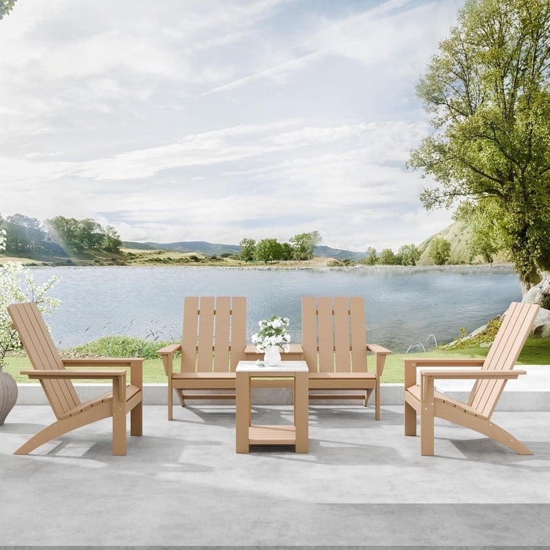ALAULM All-Weather HDPE 4PCS Modular Flexible Combination Adirondack Conversation Set with Marble-Look Interlocking Side Tables for Deck Patio Poolside, Brown