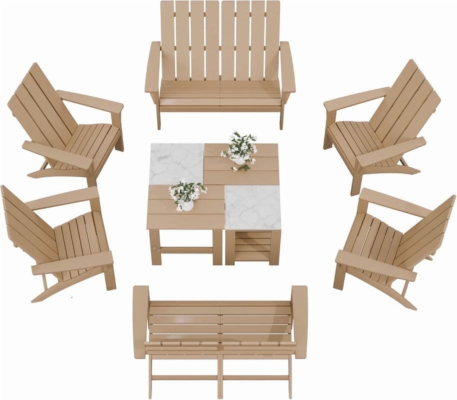 ALAULM All-Weather HDPE 8PCS Modular Flexible Combination Adirondack Conversation Set with Marble-Look Interlocking Side Tables for Deck Patio Poolside, Brown