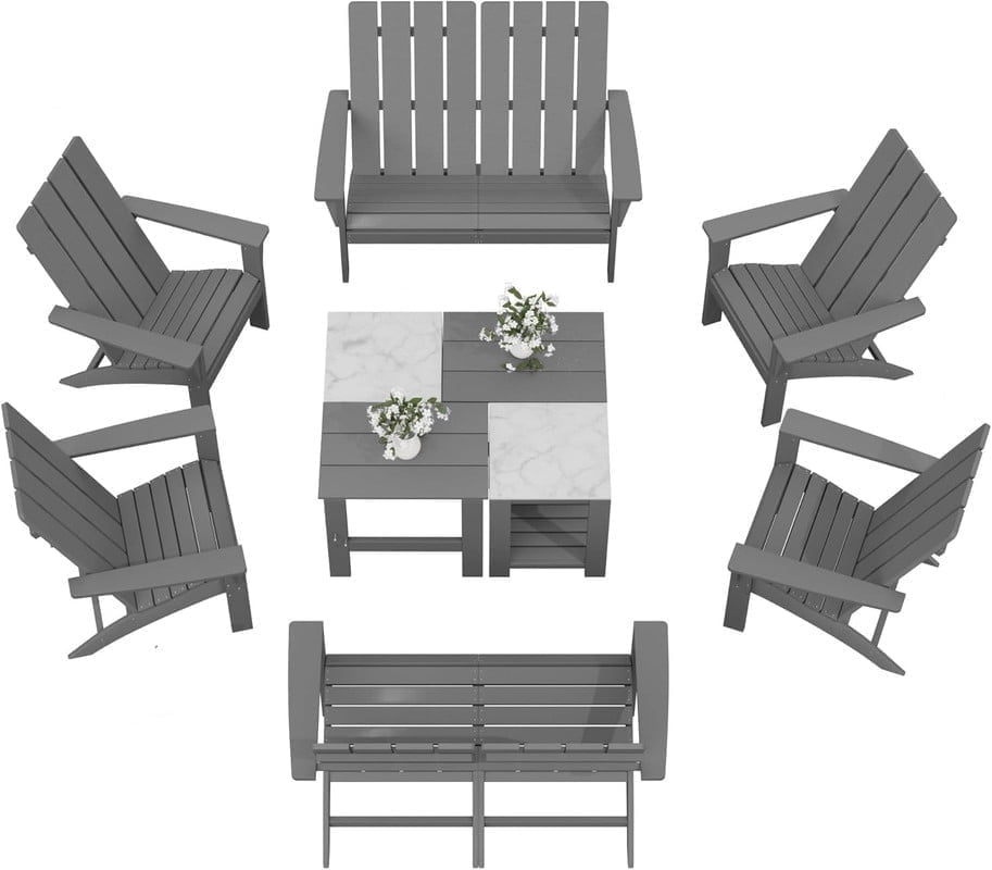 ALAULM All-Weather HDPE 8PCS Modular Flexible Combination Adirondack Conversation Set with Marble-Look Interlocking Side Tables for Deck Patio Poolside, Gray