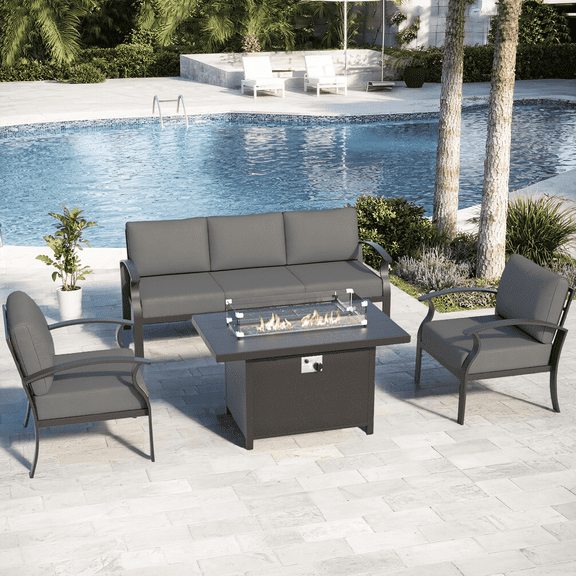 ALAULM Aluminium 5-Seater Patio Sectional Sofas with Propane Fire Pit Table, Metal Outdoor Furniture for Porches, Backyards and Poolside Areas - Grey