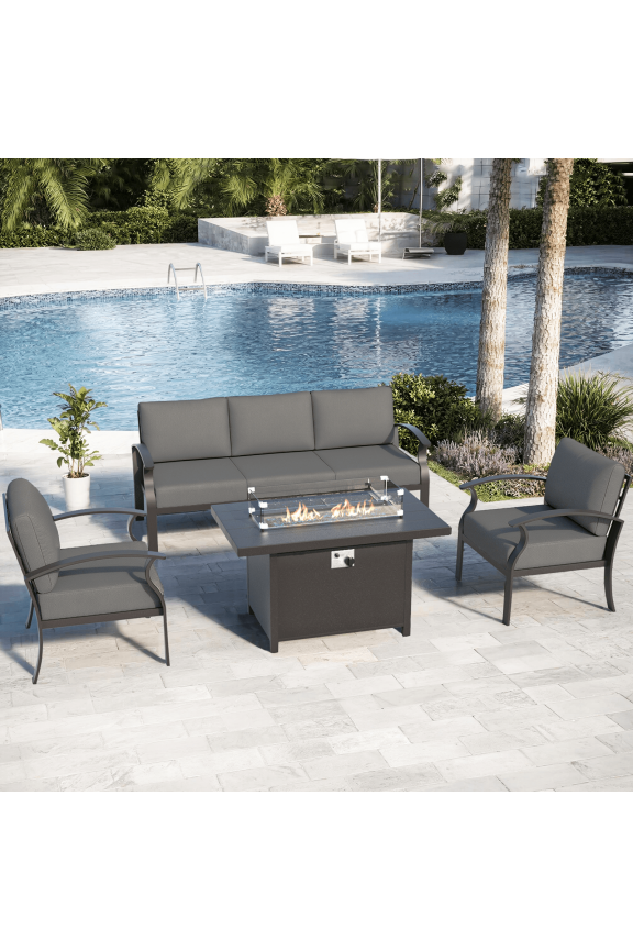 Aluminium 5-Seater Patio Sectional Sofas with Propane Fire Pit Table, Metal Outdoor Furniture for Porches, Backyards and Poolside Areas - Grey