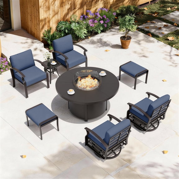 ALAULM Aluminium Patio Furniture Set with Swivel Chairs, 6-Seater Metal Outdoor Furniture Patio Sectional Sofas Patio Conversation Set with 2 Ottomans For Patio, Backyard, Poolside - Navy Blue