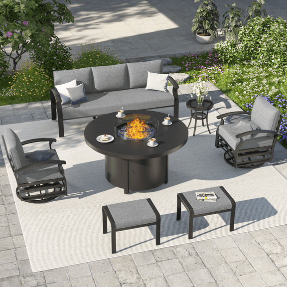 ALAULM Aluminium Patio Furniture Set with Swivel Chairs, 7-Seater Metal Outdoor Furniture Patio Sectional Sofas Patio Conversation Set with 2 Ottomans For Patio, Backyard, Poolside - Grey