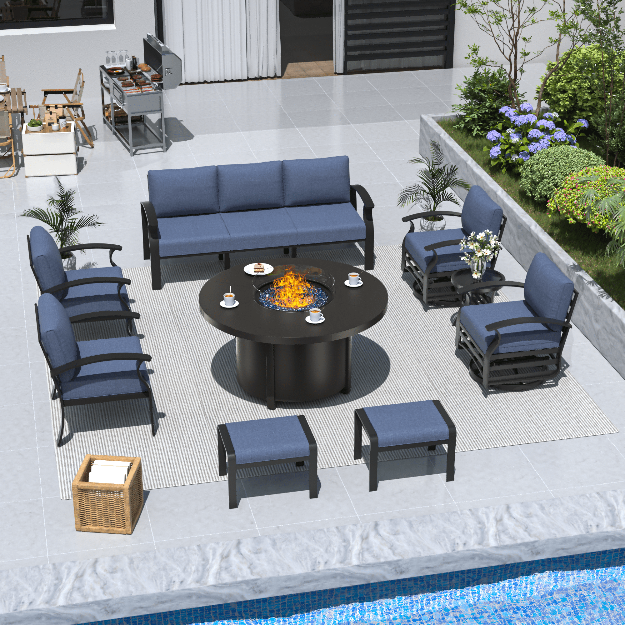 ALAULM Aluminium Patio Furniture Set with Swivel Chairs, 9-Seater Metal Outdoor Furniture Patio Sectional Sofas Patio Conversation Set with 2 swivel chairs For Patio, Backyard, Poolside - Navy Blue