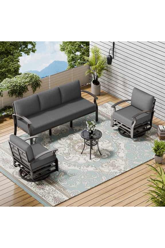 Aluminum 5 Pieces Outdoor Patio Conversation Set, 1 Three-Seater Sofa & 2 Swivel Rocking Chairs with 5.1" High-Resilience Cushions for Patio Backyard Poolside, Gray