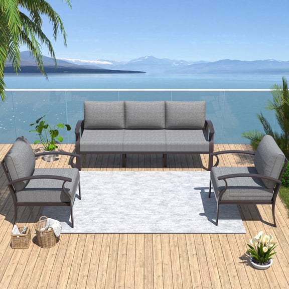 ALAULM Aluminum 5 Pieces Patio Furniture Set, 1 Three-Seater Sofa & 2 Single Sofas with 5.1" High-Resilience Cushions for Patio Backyard Poolside, Gray