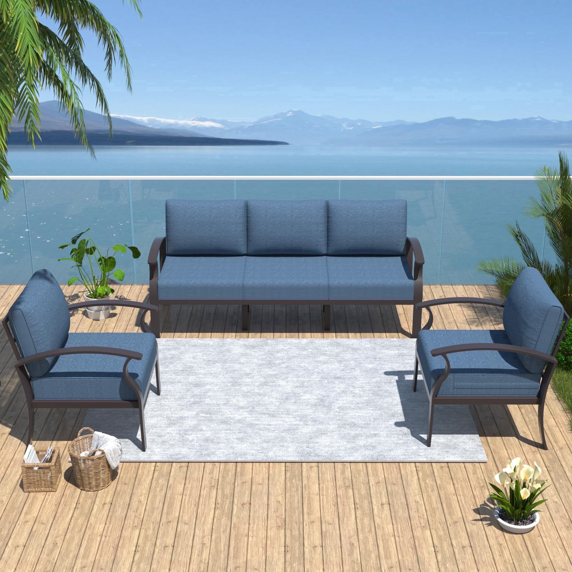 ALAULM Aluminum 5 Pieces Patio Furniture Set, 1 Three-Seater Sofa & 2 Single Sofas with 5.1" High-Resilience Cushions for Patio Backyard Poolside, Navy Blue