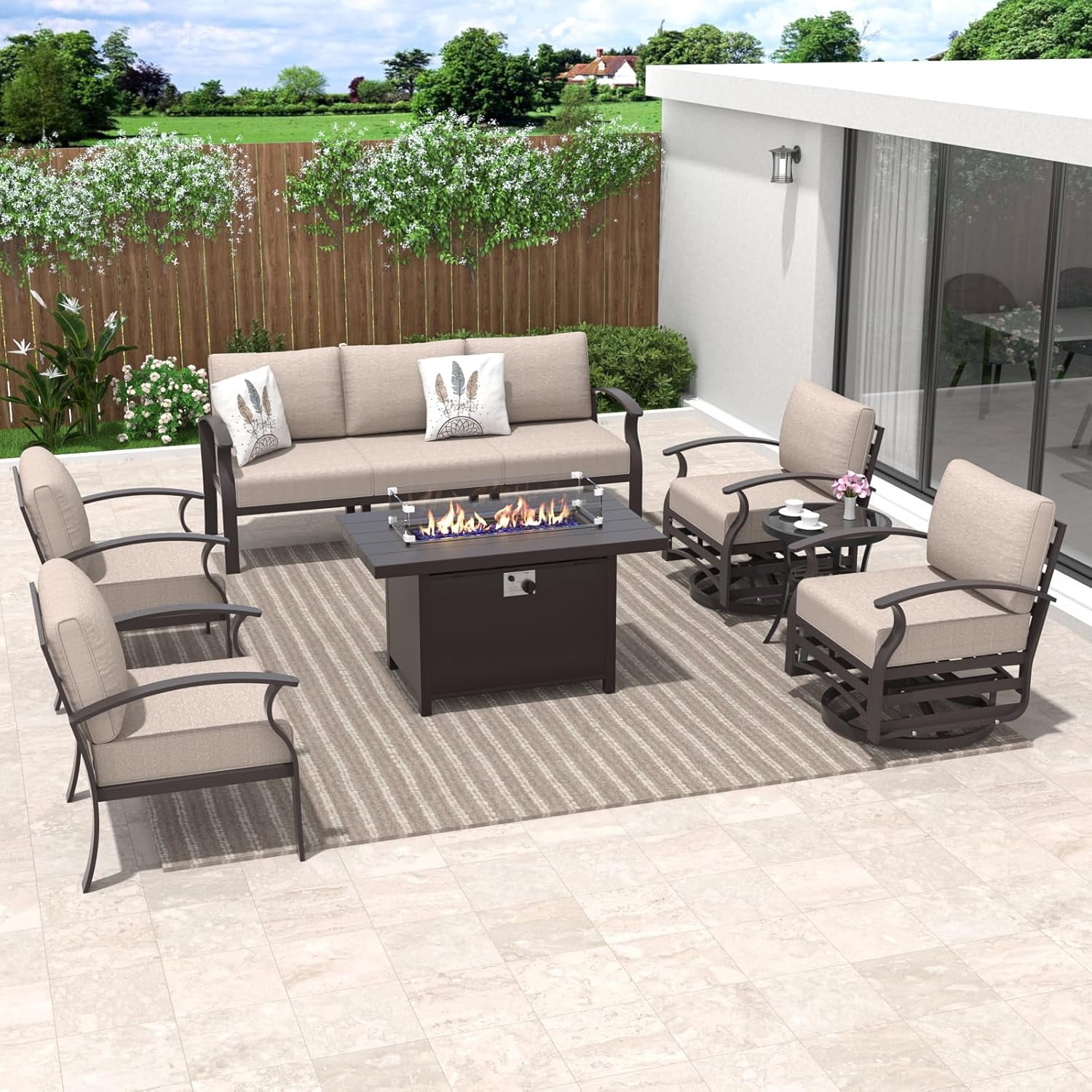 ALAULM Aluminum Outdoor Patio Furniture Set with Fire Pit Table Metal ...