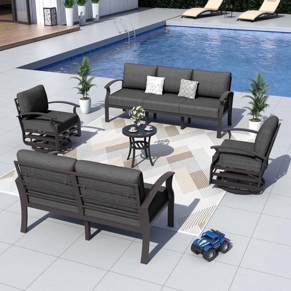ALAULM Aluminum Patio Furniture Set with 2 Swivel Chairs 7-seat Metal Outdoor Furniture Patio Sectional Sofas Patio Conversation Set w/5.1" Cushions for Patio, Backyard, Poolside-Black