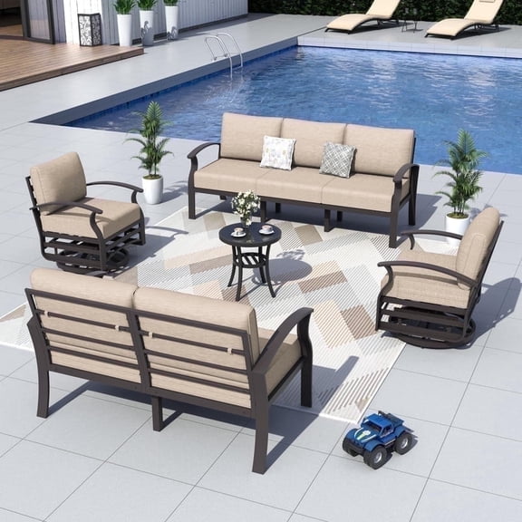 ALAULM Aluminum Patio Furniture Set with 2 Swivel Chairs 7-seat Metal Outdoor Furniture Patio Sectional Sofas Patio Conversation Set w/5.1" Cushions for Patio, Backyard, Poolside-Sand
