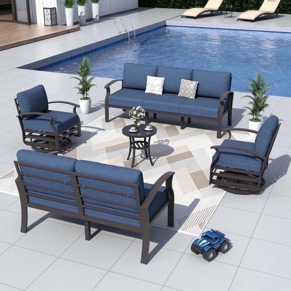ALAULM Aluminum Patio Furniture Set with 2 Swivel Chairs 7-seat Metal Outdoor Furniture Patio Sectional Sofas Patio Conversation Set w/5.1" Cushions for Patio, Backyard, Poolside-Navy Blue