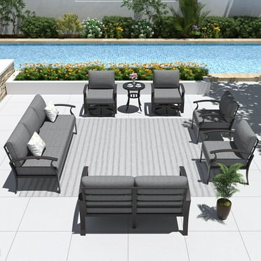 ALAULM Aluminum Patio Furniture Set with 2 Swivel Rocking Sofas 9-seat Metal Outdoor Furniture Patio Conversation Set w/5.1" Cushions for Patio, Backyard, Poolside-Grey