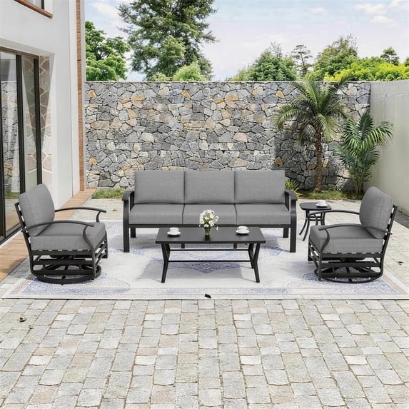ALAULM Aluminum Patio Furniture Set 5-Seat Modern Outdoor Conversation Sets w/Swivel Rocking Chairs with Rectangular Coffee Table, Grey