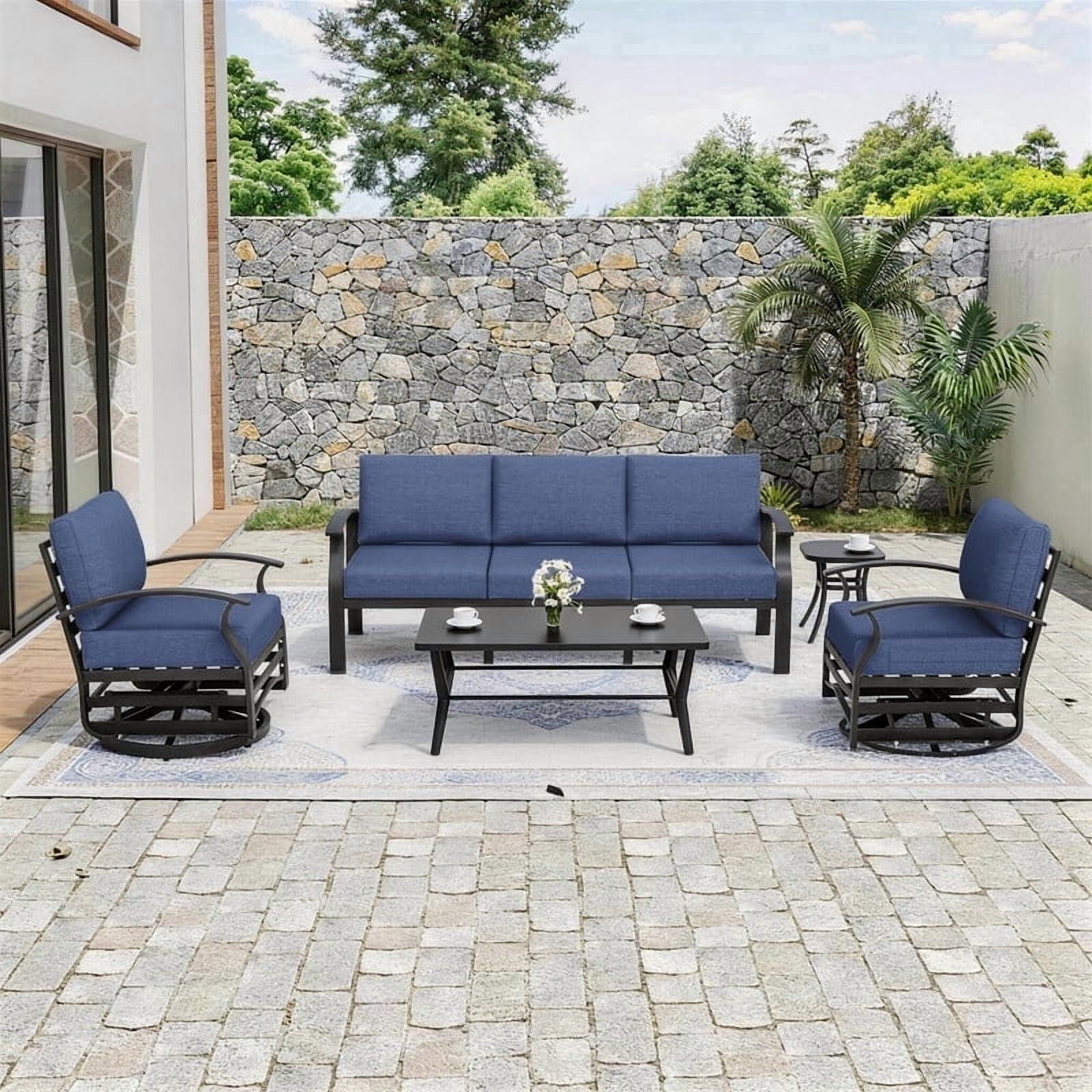 ALAULM Aluminum Patio Furniture Set 5-Seat Modern Outdoor Conversation Sets w/Swivel Rocking Chairs with Rectangular Coffee Table, Navy Blue